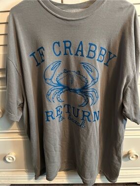 Comfort Colors Light Gray Tee with Blue Graphic “If Crabby Return To Beach”